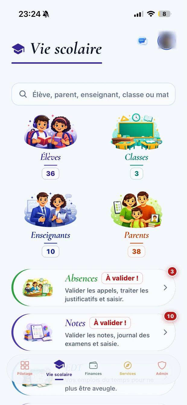 Application Talibi, vie scolaire côté direction : élèves, classes, enseignants, parents, validations