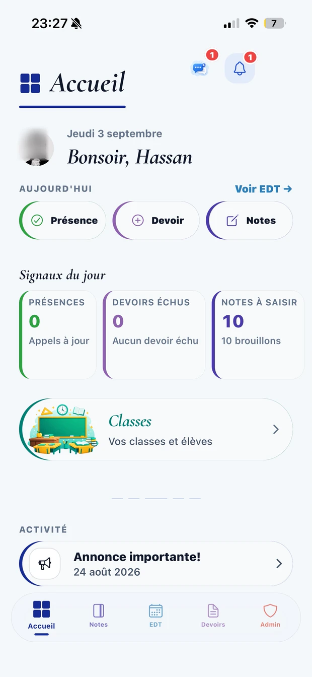 Application Talibi, accueil enseignant : présence, devoir, notes et signaux du jour