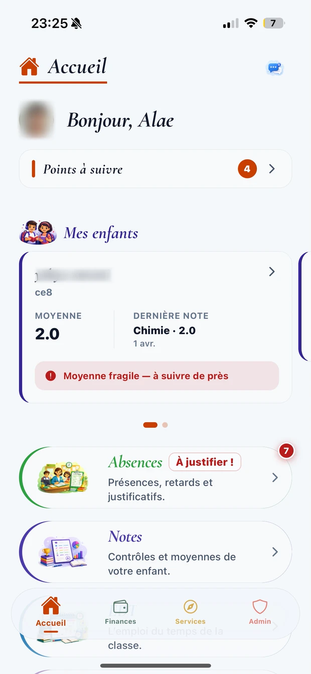 Application Talibi, accueil parent : moyenne de l'enfant, points à suivre, absences et notes